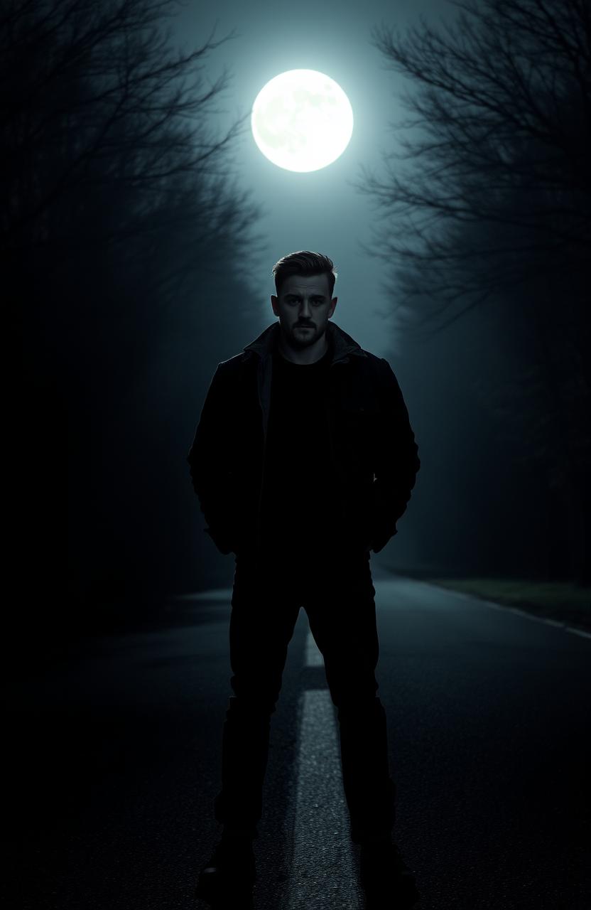 A solitary man standing in the middle of a dark road, with a full moon glowing behind him, embodying a sense of searching and tension