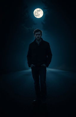 A solitary man standing in the middle of a dark road, with a full moon glowing behind him, embodying a sense of searching and tension