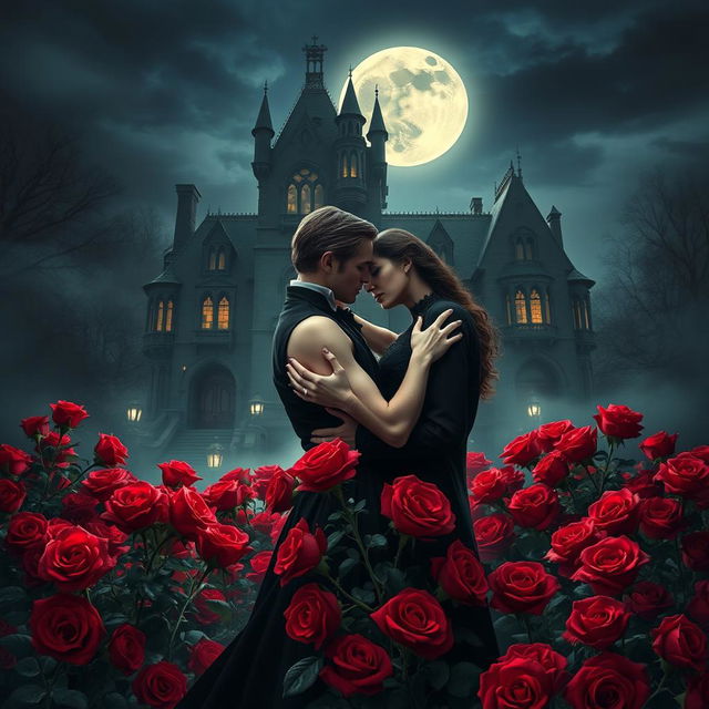 A stunning portrayal of a vampire couple intimately hugging under the radiant full moon