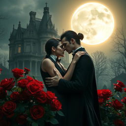 A stunning portrayal of a vampire couple intimately hugging under the radiant full moon