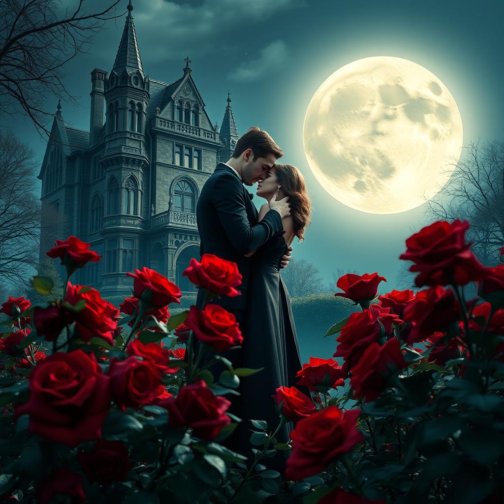 A captivating image of a vampire couple embracing under the luminous full moon