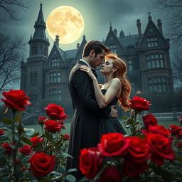 A captivating image of a vampire couple embracing under the luminous full moon