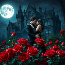 A captivating image of a vampire couple embracing under the luminous full moon