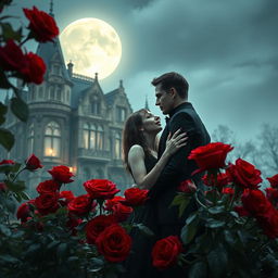 A captivating image of a vampire couple embracing under the luminous full moon