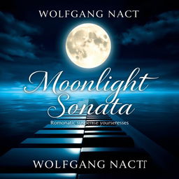 A captivating book cover design for "Moonlight Sonata" by Wolfgang Nacht, featuring an enchanting full moon illuminating a serene night sky