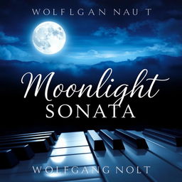 A captivating book cover design for "Moonlight Sonata" by Wolfgang Nacht, featuring an enchanting full moon illuminating a serene night sky