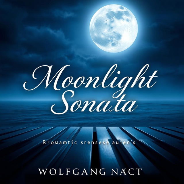 A captivating book cover design for "Moonlight Sonata" by Wolfgang Nacht, featuring an enchanting full moon illuminating a serene night sky