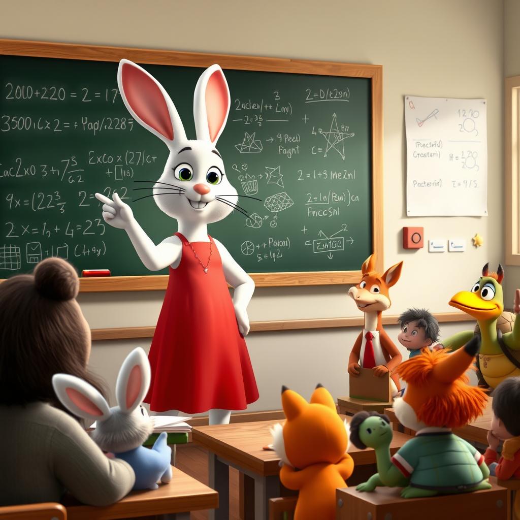 A white rabbit teacher wearing a red dress stands at the podium, pointing with one hand at a blackboard filled with colorful drawings and equations