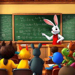 A white rabbit teacher wearing a red dress stands at the podium, pointing with one hand at a blackboard filled with colorful drawings and equations