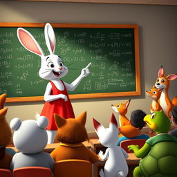 A white rabbit teacher wearing a red dress stands at the podium, pointing with one hand at a blackboard filled with colorful drawings and equations