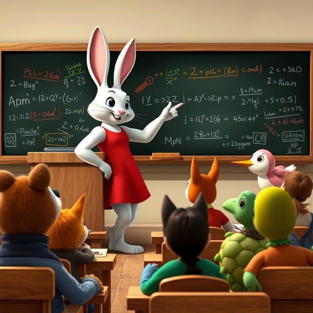 A white rabbit teacher wearing a red dress stands at the podium, pointing with one hand at a blackboard filled with colorful drawings and equations