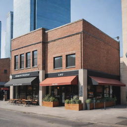 Generate an image displaying three distinct business sizes as options. A small local café (small), a thriving restaurant (medium), and a large multinational corporation's skyscraper (large).