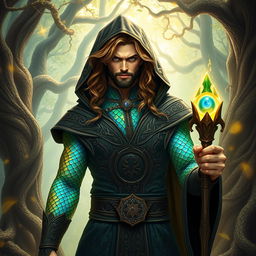 A powerful human sorcerer with draconic bloodline, standing in a mystical forest