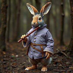 A life-sized human-anthropomorphic rabbit figure, with proportions resembling a human, dressed in a lilac bard's doublet