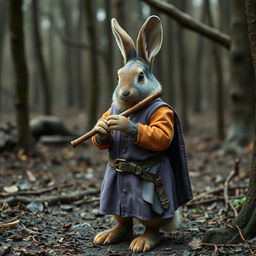 A life-sized human-anthropomorphic rabbit figure, with proportions resembling a human, dressed in a lilac bard's doublet