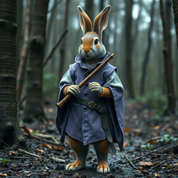 A life-sized human-anthropomorphic rabbit figure, with proportions resembling a human, dressed in a lilac bard's doublet