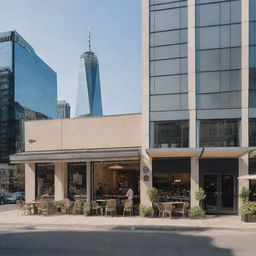 Generate an image displaying three distinct business sizes as options. A small local café (small), a thriving restaurant (medium), and a large multinational corporation's skyscraper (large).