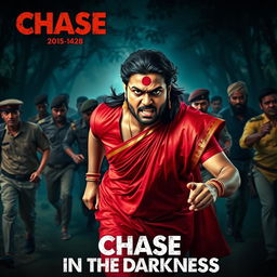 A dramatic cinematic horror film poster titled 'Chase in the Darkness' featuring a 30-year-old clean-shaven Indian man wearing a vibrant red saree and blouse, complete with a long hair wig, giving an intense angry look while running forward