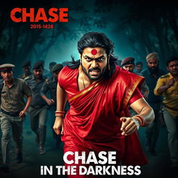 A dramatic cinematic horror film poster titled 'Chase in the Darkness' featuring a 30-year-old clean-shaven Indian man wearing a vibrant red saree and blouse, complete with a long hair wig, giving an intense angry look while running forward