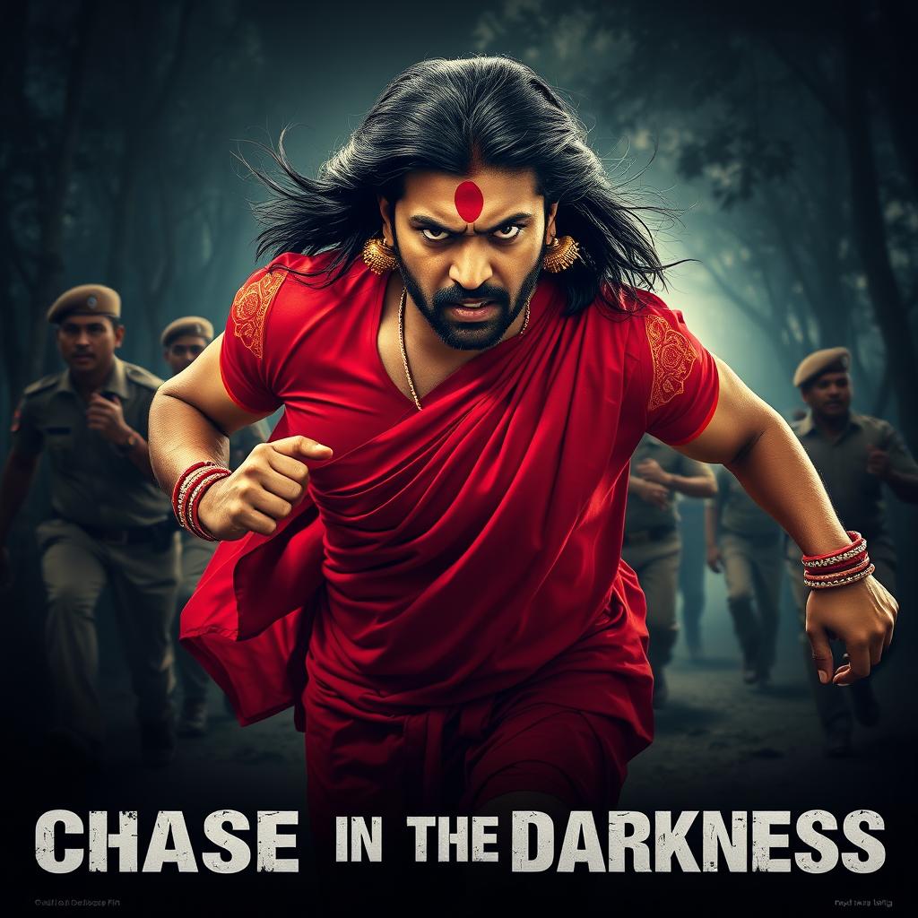 A dramatic cinematic horror film poster titled 'Chase in the Darkness' featuring a 30-year-old clean-shaven Indian man wearing a vibrant red saree and blouse, complete with a long hair wig, giving an intense angry look while running forward