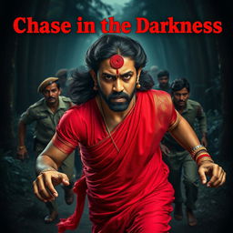 A dramatic cinematic horror film poster titled 'Chase in the Darkness' featuring a 30-year-old clean-shaven Indian man wearing a vibrant red saree and blouse, complete with a long hair wig, giving an intense angry look while running forward