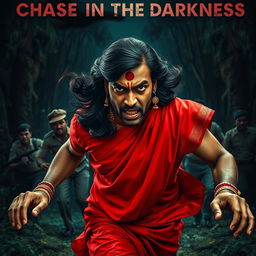 A dramatic cinematic horror film poster titled 'Chase in the Darkness' featuring a 30-year-old clean-shaven Indian man wearing a vibrant red saree and blouse, complete with a long hair wig, giving an intense angry look while running forward