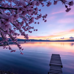 A serene landscape at dusk, featuring a calm lake reflecting the pastel colors of the sunset with purple, pink, and orange hues in the sky