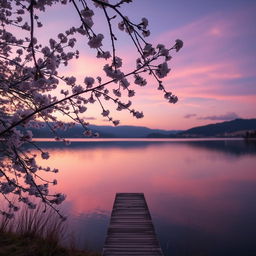 A serene landscape at dusk, featuring a calm lake reflecting the pastel colors of the sunset with purple, pink, and orange hues in the sky