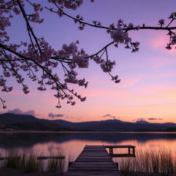 A serene landscape at dusk, featuring a calm lake reflecting the pastel colors of the sunset with purple, pink, and orange hues in the sky