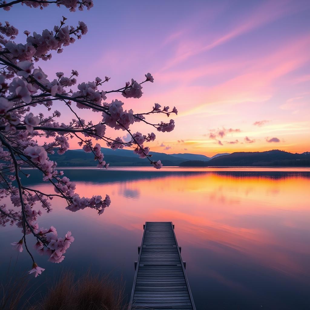 A serene landscape at dusk, featuring a calm lake reflecting the pastel colors of the sunset with purple, pink, and orange hues in the sky