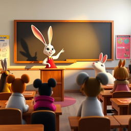 A white rabbit teacher wearing a red dress stands at a podium, pointing at a blank blackboard