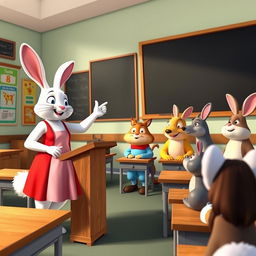 A white rabbit teacher wearing a red dress stands at a podium, pointing at a blank blackboard