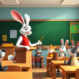 A white rabbit teacher wearing a red dress stands at a podium, pointing at a blank blackboard