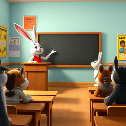 A white rabbit teacher wearing a red dress stands at a podium, pointing at a blank blackboard