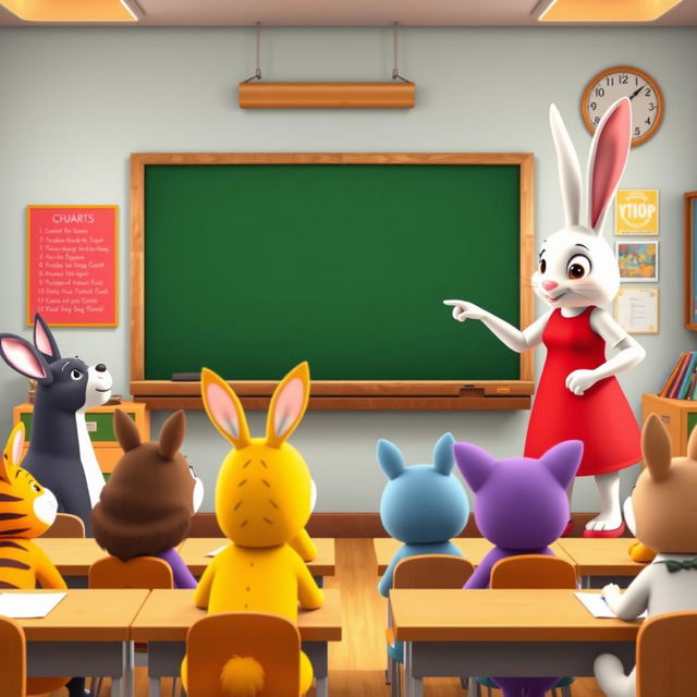 A white rabbit teacher wearing a red dress stands at a podium, pointing at a blank blackboard