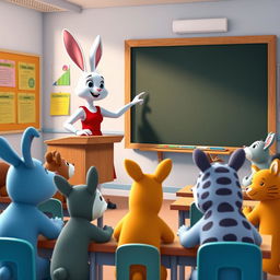 A white rabbit teacher wearing a red dress stands at a podium, pointing at a blank blackboard