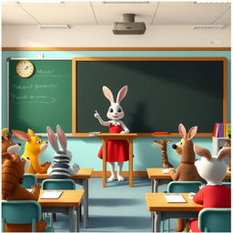 A white rabbit teacher wearing a red dress stands at a podium, pointing at a blank blackboard