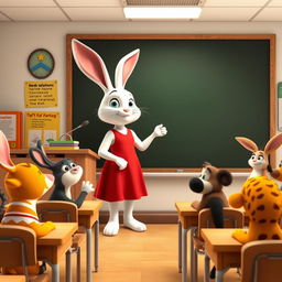 A white rabbit teacher wearing a red dress stands at a podium, pointing at a blank blackboard