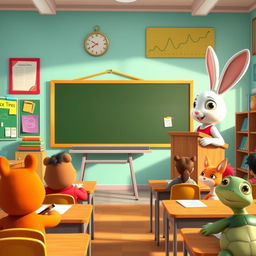 A white rabbit teacher in a red dress stands at a podium, pointing at a blank blackboard in a vibrant classroom