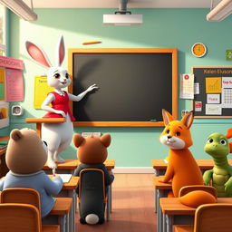 A white rabbit teacher in a red dress stands at a podium, pointing at a blank blackboard in a vibrant classroom