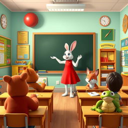 A white rabbit teacher in a red dress stands at a podium, pointing at a blank blackboard in a vibrant classroom