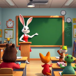 A white rabbit teacher in a red dress stands at a podium, pointing at a blank blackboard in a vibrant classroom