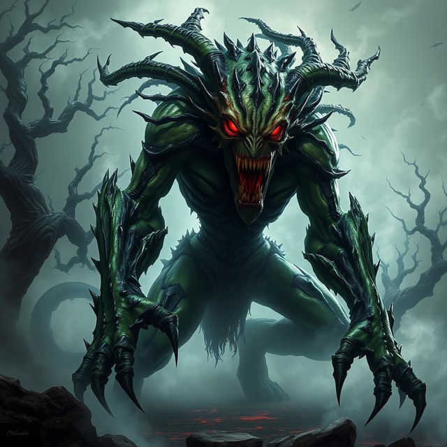 A terrifying death slaad, a monstrous creature from dark fantasy realms, embodying pure evil and sinister intentions