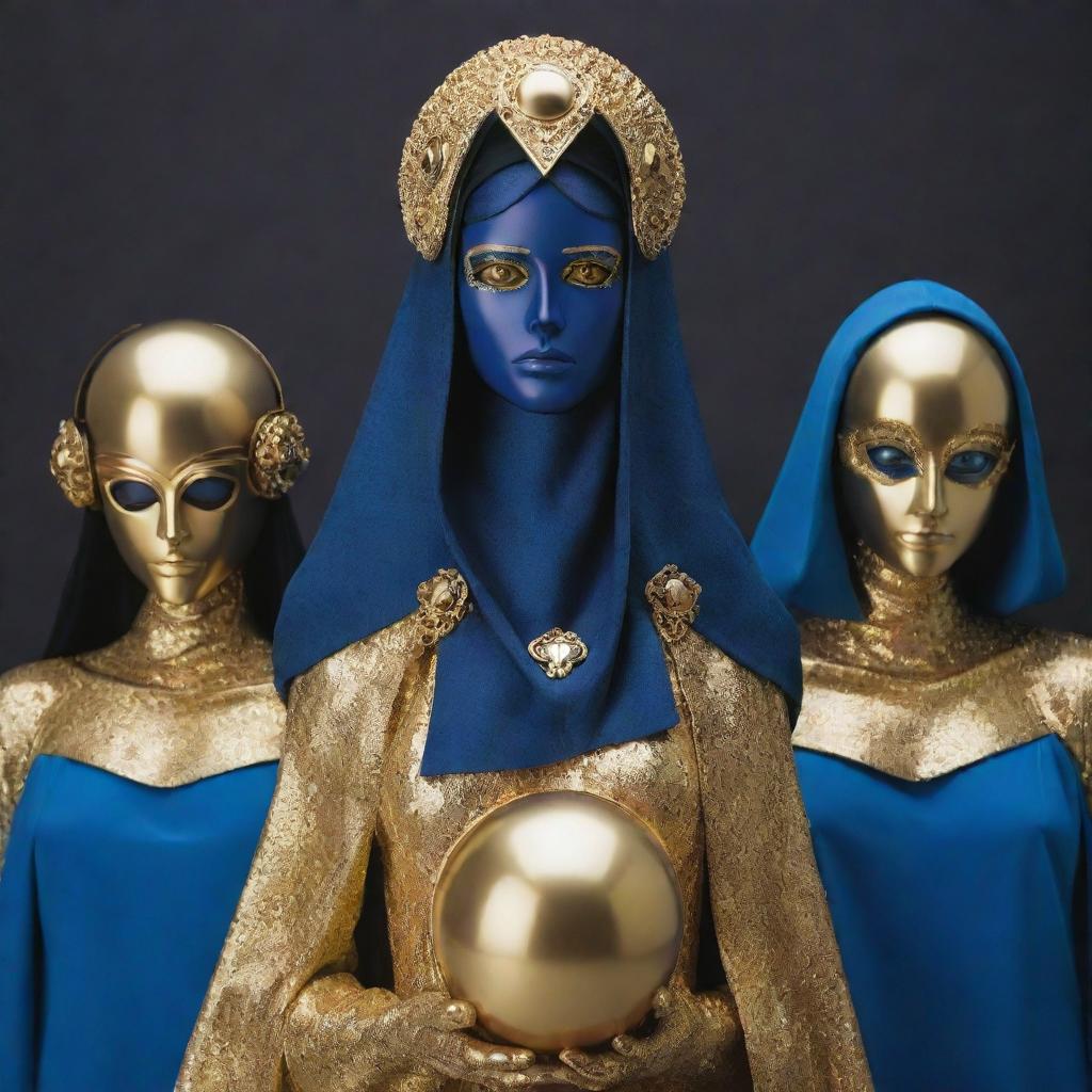 Four robotic humanoid women styled in the manner of Jojo's Bizarre Adventure: One made of a golden alloy, the rest dark with golden accents, each cloaked and hooded, revealing golden eyes. Arranged in an upside-down triangle with the golden one at center, holding a blue sphere.