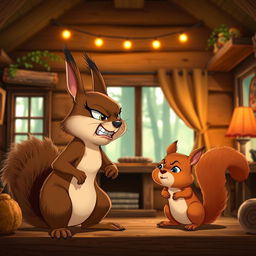 Inside a cozy forest cabin, a brown mother squirrel is angrily scolding her brown baby squirrel, who looks very upset and guilty