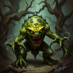 A menacing green slaad, a fearsome creature from the depths of dark fantasy