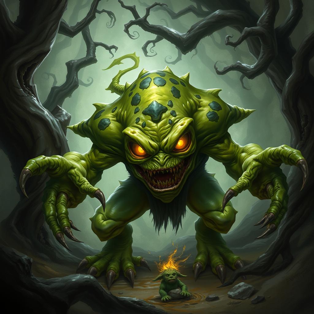 A menacing green slaad, a fearsome creature from the depths of dark fantasy