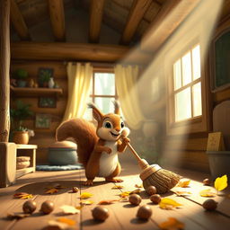 Inside a cozy forest cabin, a brown baby squirrel is happily cleaning up the house