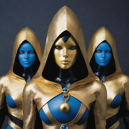 Four robotic humanoid women styled in the manner of Jojo's Bizarre Adventure: One made of a golden alloy, the rest dark with golden accents, each cloaked and hooded, revealing golden eyes. Arranged in an upside-down triangle with the golden one at center, holding a blue sphere.