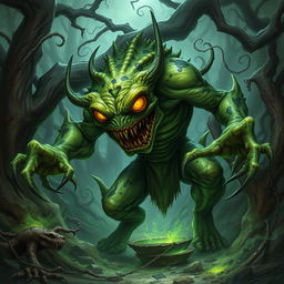 A menacing green slaad, a fearsome creature from the depths of dark fantasy